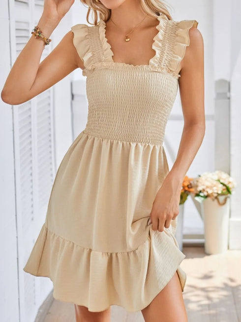 smocked-square-neck-wide-strap-dress OhSoStyled - Sophia's Style in Tan-6